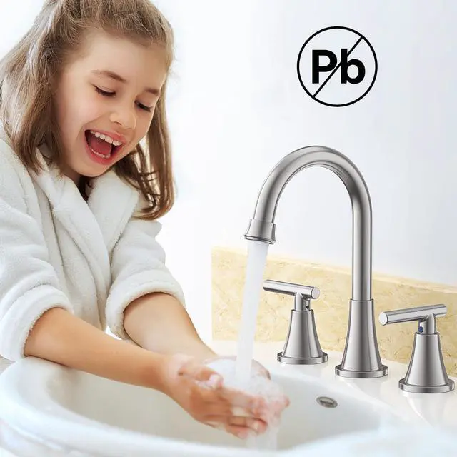 Alt view image 7 of 7 - Bathroom Faucets for Sink 3 Hole, Hurran Brushed Nickel Bathroom Sink Faucet with Pop-up Drain and Supply Lines, Stainless Steel Lead-Free Widespread Faucet for Vanity RV Farmhouse Sink