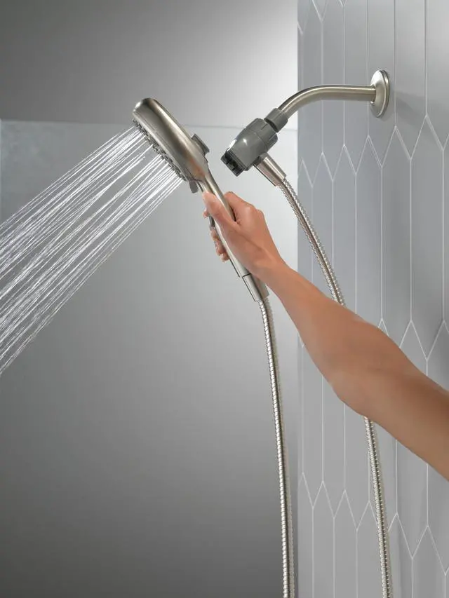 Alt view image 2 of 7 - Delta Faucet 6-Spray SureDock Magnetic Shower Head with Handheld Spray, Brushed Nickel Shower Head with Hose, Showerheads & Handheld Showers, MagnaTite Docking, Stainless 75609SN
