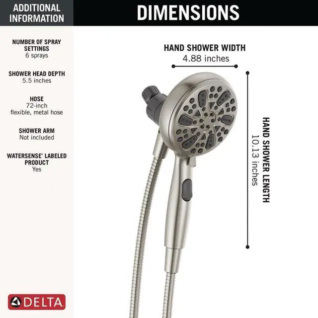Alt view image 3 of 7 - Delta Faucet 6-Spray SureDock Magnetic Shower Head with Handheld Spray, Brushed Nickel Shower Head with Hose, Showerheads & Handheld Showers, MagnaTite Docking, Stainless 75609SN
