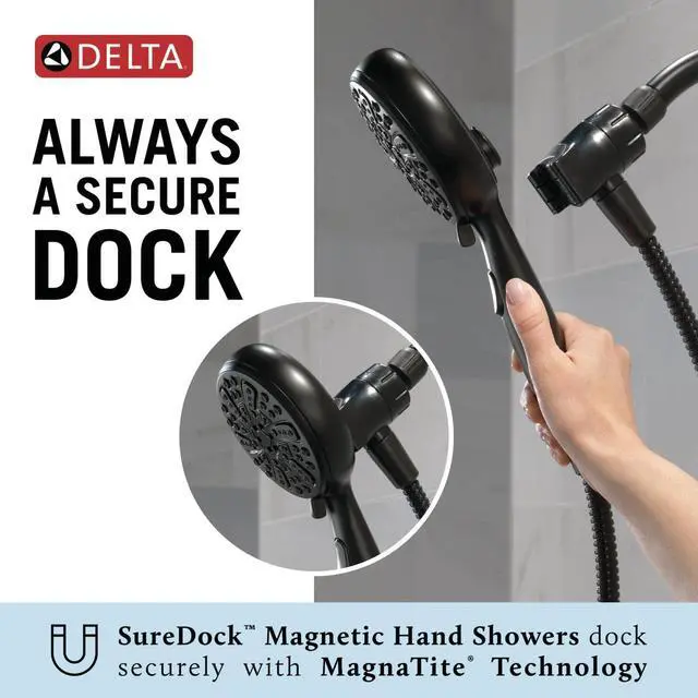 Alt view image 4 of 7 - Delta Faucet 6-Spray SureDock Magnetic Shower Head with Handheld Spray, Brushed Nickel Shower Head with Hose, Showerheads & Handheld Showers, MagnaTite Docking, Stainless 75609SN