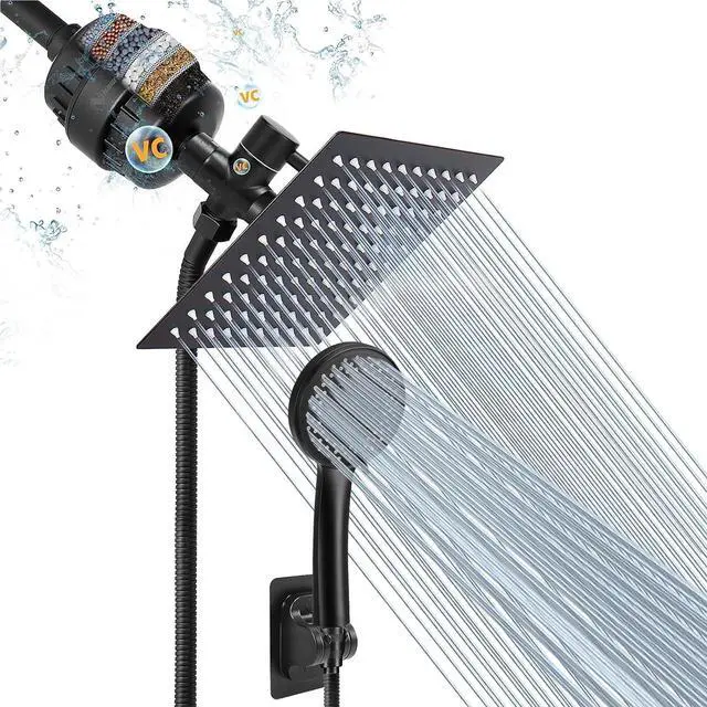 Main image of NearMoon Filtered Rain Shower Head, High Pressure 8Square, and 5 settings Handheld Shower Filter Combo with Self-adhesive Holder/1.5M Hose -1 Replaceable Filter Cartridge (Matte Black)
