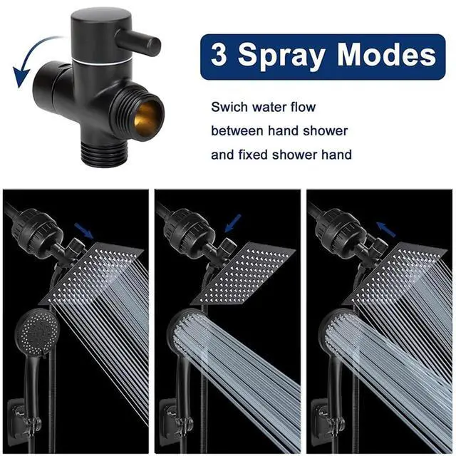 Alt view image 2 of 7 - NearMoon Filtered Rain Shower Head, High Pressure 8Square, and 5 settings Handheld Shower Filter Combo with Self-adhesive Holder/1.5M Hose -1 Replaceable Filter Cartridge (Matte Black)