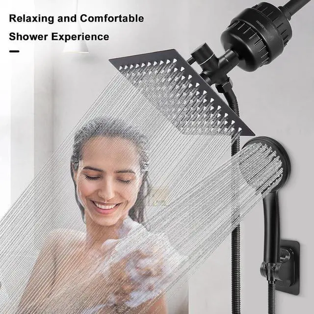 Alt view image 7 of 7 - NearMoon Filtered Rain Shower Head, High Pressure 8Square, and 5 settings Handheld Shower Filter Combo with Self-adhesive Holder/1.5M Hose -1 Replaceable Filter Cartridge (Matte Black)