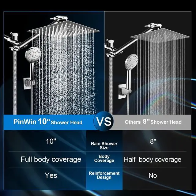 Alt view image 2 of 7 - Shower Head Combo,10 Inch High Pressure Rain Shower Head with 11 in Adjustable Extension Arm and 5 Settings Handheld,Powerful Shower Spray Against Low Pressure Water with Long Hose