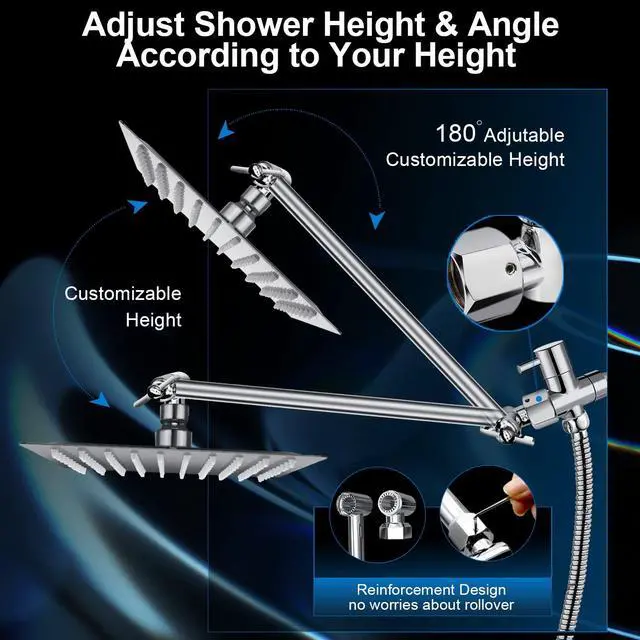 Alt view image 6 of 7 - Shower Head Combo,10 Inch High Pressure Rain Shower Head with 11 in Adjustable Extension Arm and 5 Settings Handheld,Powerful Shower Spray Against Low Pressure Water with Long Hose