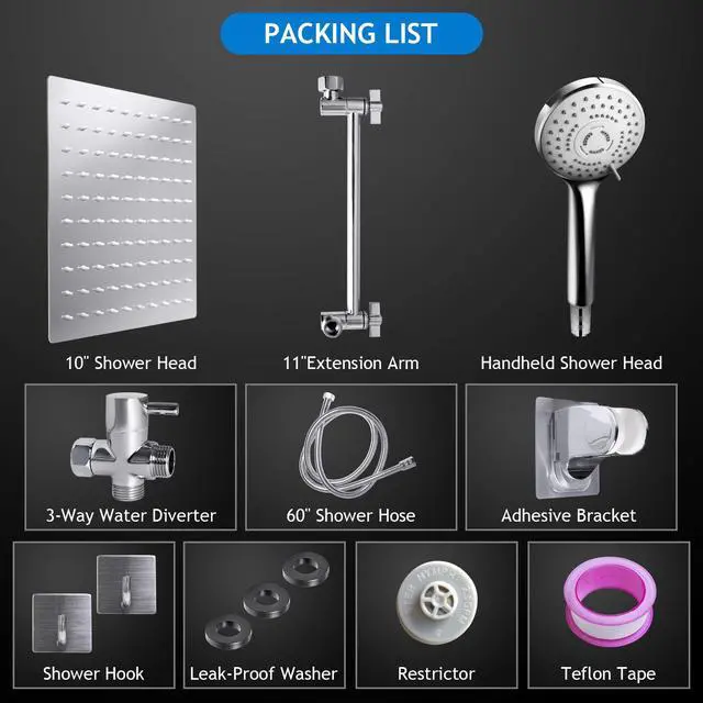 Alt view image 7 of 7 - Shower Head Combo,10 Inch High Pressure Rain Shower Head with 11 in Adjustable Extension Arm and 5 Settings Handheld,Powerful Shower Spray Against Low Pressure Water with Long Hose