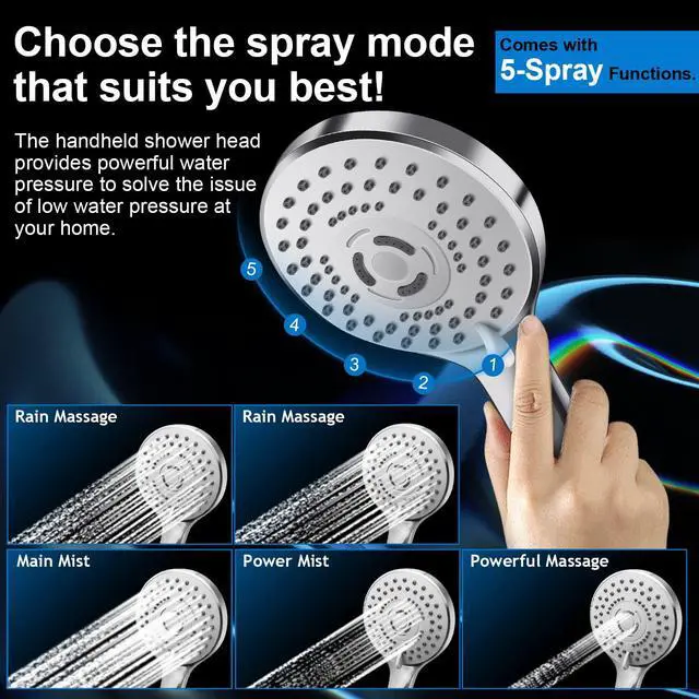 Alt view image 4 of 7 - Shower Head Combo,10 Inch High Pressure Rain Shower Head with 11 in Adjustable Extension Arm and 5 Settings Handheld,Powerful Shower Spray Against Low Pressure Water with Long Hose