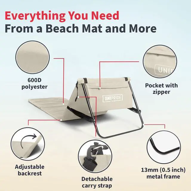 Alt view image 5 of 7 - UNIPRIDE Lightweight Beach Chairs for Adults #2026 - Beach Mat Sand Free Waterproof I Ideal as Lounger for Tanning I Relaxing, Compact & Ultimate Beach Gear (Beige)