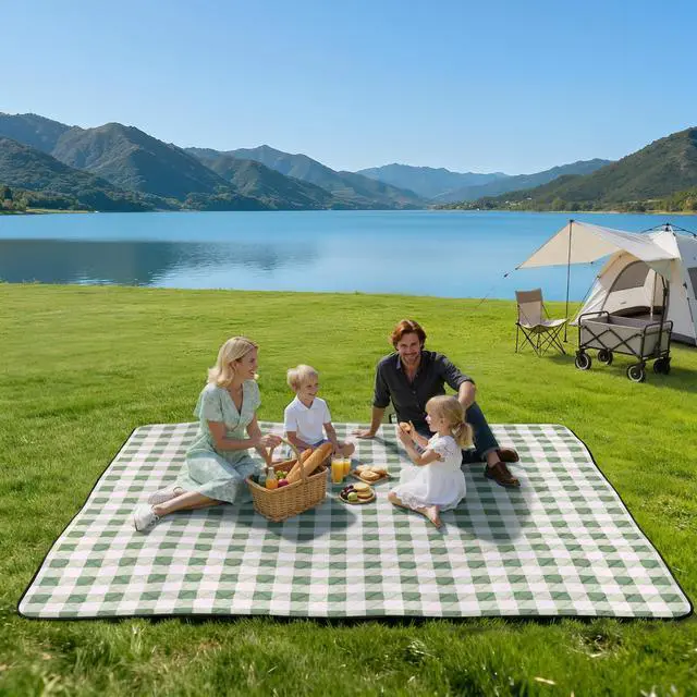 Alt view image 2 of 7 - TigeJoy Extra Large Picnic Blanket Waterproof Foldable 118''x118'', Outdoor Picnic Mat Beach Blanket Sandproof for Park, Grass, Travel, Hiking, Camping Essentials, Gingham Picnic Blanket