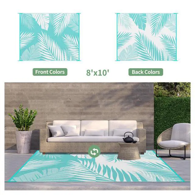 Alt view image 2 of 7 - GENIMO Outdoor Rug 8' x 10' Waterproof for Patios Clearance, Reversible Outdoor Plastic Straw Camping Rug Carpet, Large Area Rugs Mats for RV, Camper, Deck, Balcony, Porch, Beach, Aqua Blue&White