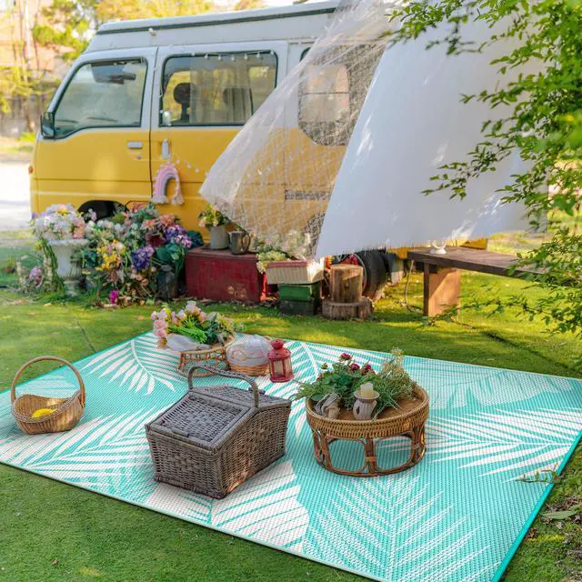 Alt view image 3 of 7 - GENIMO Outdoor Rug 8' x 10' Waterproof for Patios Clearance, Reversible Outdoor Plastic Straw Camping Rug Carpet, Large Area Rugs Mats for RV, Camper, Deck, Balcony, Porch, Beach, Aqua Blue&White