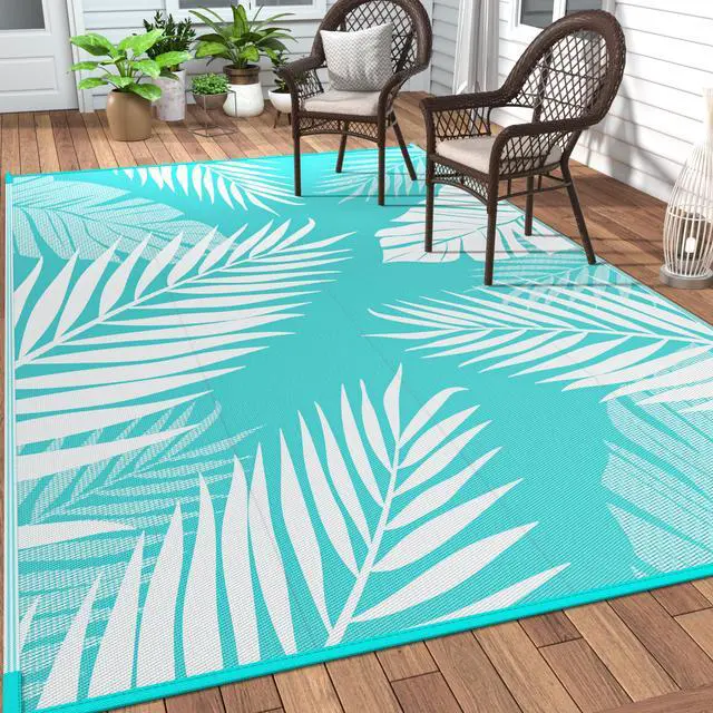 Main image of GENIMO Outdoor Rug 8' x 10' Waterproof for Patios Clearance, Reversible Outdoor Plastic Straw Camping Rug Carpet, Large Area Rugs Mats for RV, Camper, Deck, Balcony, Porch, Beach, Aqua Blue&White