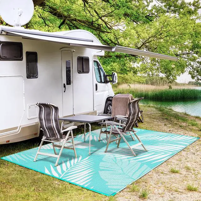 Alt view image 5 of 7 - GENIMO Outdoor Rug 8' x 10' Waterproof for Patios Clearance, Reversible Outdoor Plastic Straw Camping Rug Carpet, Large Area Rugs Mats for RV, Camper, Deck, Balcony, Porch, Beach, Aqua Blue&White