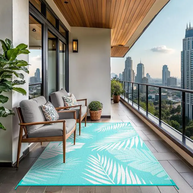 Alt view image 4 of 7 - GENIMO Outdoor Rug 8' x 10' Waterproof for Patios Clearance, Reversible Outdoor Plastic Straw Camping Rug Carpet, Large Area Rugs Mats for RV, Camper, Deck, Balcony, Porch, Beach, Aqua Blue&White