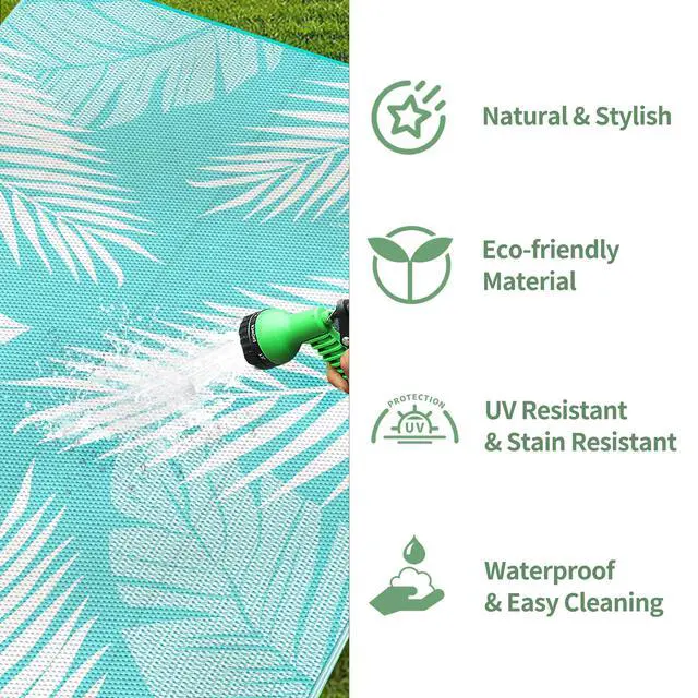 Alt view image 6 of 7 - GENIMO Outdoor Rug 8' x 10' Waterproof for Patios Clearance, Reversible Outdoor Plastic Straw Camping Rug Carpet, Large Area Rugs Mats for RV, Camper, Deck, Balcony, Porch, Beach, Aqua Blue&White