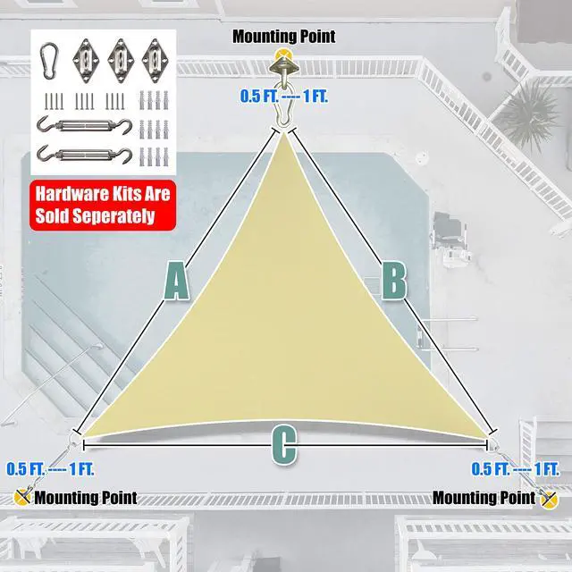 Alt view image 6 of 7 - Amgo 22' x 22' x 22' Beige Triangle Sun Shade Sail Outdoor Canopy Awning, UPF50+ AGTAPT22, 95% UV Blockage, Water & Air Permeable, Commercial Standard Heavy Duty (We Make Custom Size)