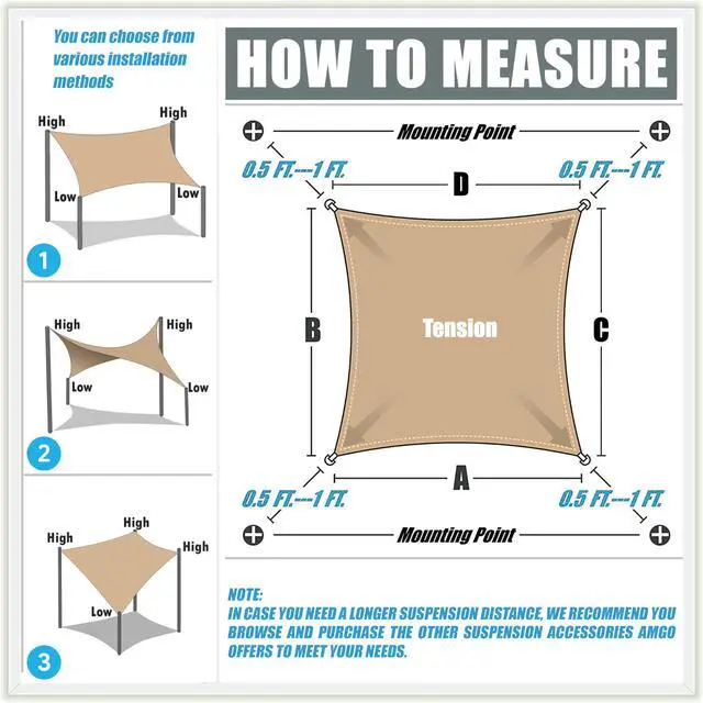 Alt view image 6 of 7 - Amgo 16' x 20' Beige Rectangle Sun Shade Sail Canopy Awning UPF50+ AGTAPR1620, 95% UV Blockage, Water & Air Permeable, Commercial and Residential