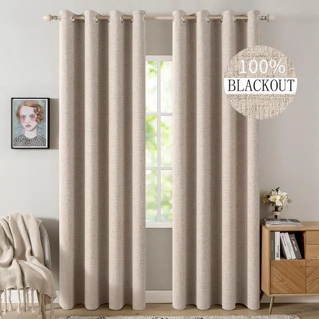 Main image of MIULEE 100% Blackout Polyester Textured Curtains for Bedroom Solid Thermal Insulated Natural Beige Grommet Room Darkening Curtains & Drapes Luxury Decor for Living Room Nursery 52 x 108 Inch(2 Panels)
