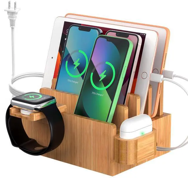 Main image of Pezin & Hulin Bamboo Charging Station for Multiple Devices with 5 Port USB Charger, 5 Cables, Watch&Earbuds Stand, Electronic Device Desktop Organizer for Cellphone, Tablet, Watch, Earbuds