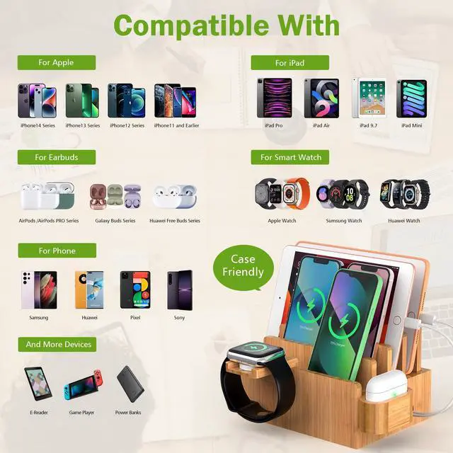 Alt view image 2 of 7 - Pezin & Hulin Bamboo Charging Station for Multiple Devices with 5 Port USB Charger, 5 Cables, Watch&Earbuds Stand, Electronic Device Desktop Organizer for Cellphone, Tablet, Watch, Earbuds