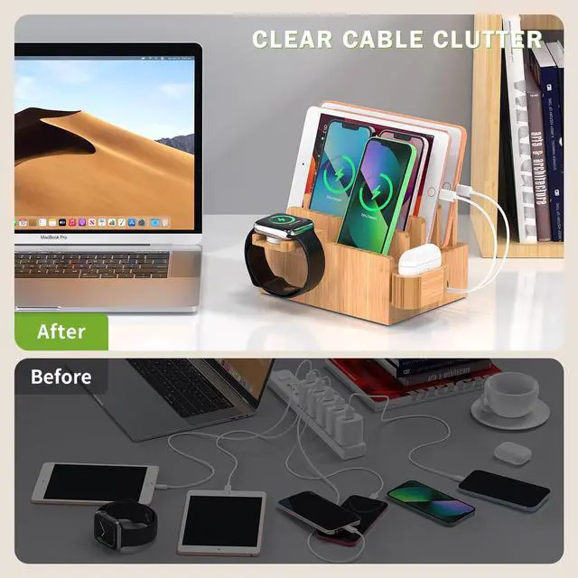 Alt view image 3 of 7 - Pezin & Hulin Bamboo Charging Station for Multiple Devices with 5 Port USB Charger, 5 Cables, Watch&Earbuds Stand, Electronic Device Desktop Organizer for Cellphone, Tablet, Watch, Earbuds