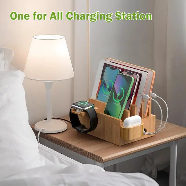 Alt view image 4 of 7 - Pezin & Hulin Bamboo Charging Station for Multiple Devices with 5 Port USB Charger, 5 Cables, Watch&Earbuds Stand, Electronic Device Desktop Organizer for Cellphone, Tablet, Watch, Earbuds