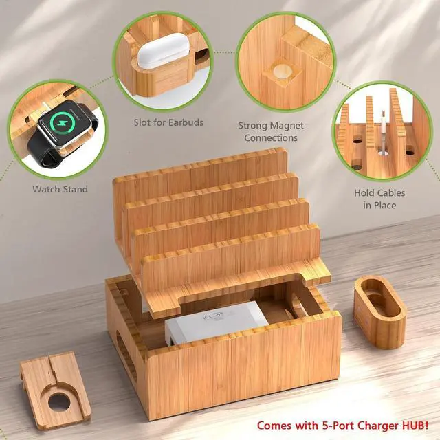 Alt view image 6 of 7 - Pezin & Hulin Bamboo Charging Station for Multiple Devices with 5 Port USB Charger, 5 Cables, Watch&Earbuds Stand, Electronic Device Desktop Organizer for Cellphone, Tablet, Watch, Earbuds