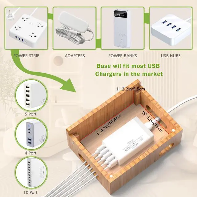 Alt view image 7 of 7 - Pezin & Hulin Bamboo Charging Station for Multiple Devices with 5 Port USB Charger, 5 Cables, Watch&Earbuds Stand, Electronic Device Desktop Organizer for Cellphone, Tablet, Watch, Earbuds
