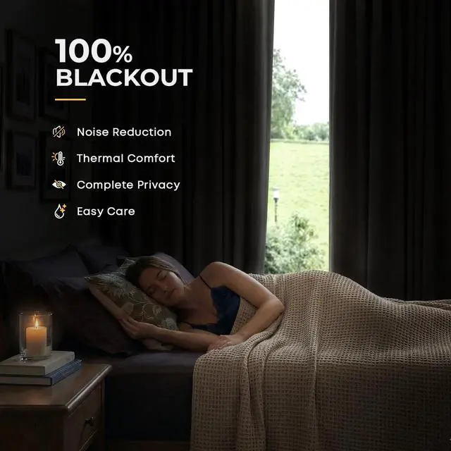 Alt view image 2 of 7 - INOVADAY 100% Blackout Curtains for Bedroom, Black Out Curtains 102 Inch Long, Clip Rings Linen Blackout Drapes, Thermal Insulated Room Darkening for Living Room, 2 Panels - Beige,W50xL102