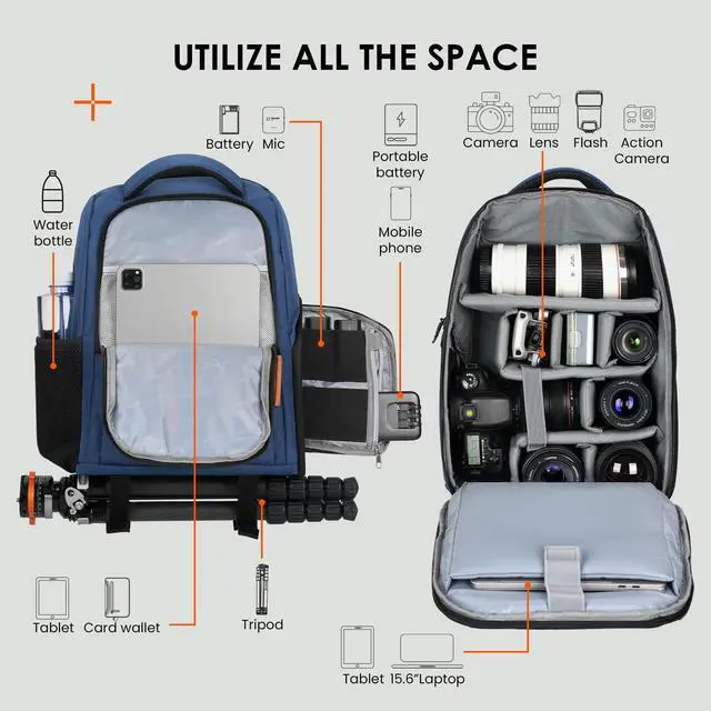 Alt view image 2 of 7 - TARION Large Camera Backpacks for Photographers - Waterproof Camera Bag Photography backpack with 15.6" Laptop Compartment Rain Cover Side Access Tripod Holder(TB04 Blue)