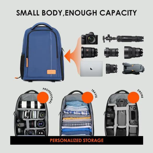 Alt view image 3 of 7 - TARION Large Camera Backpacks for Photographers - Waterproof Camera Bag Photography backpack with 15.6" Laptop Compartment Rain Cover Side Access Tripod Holder(TB04 Blue)