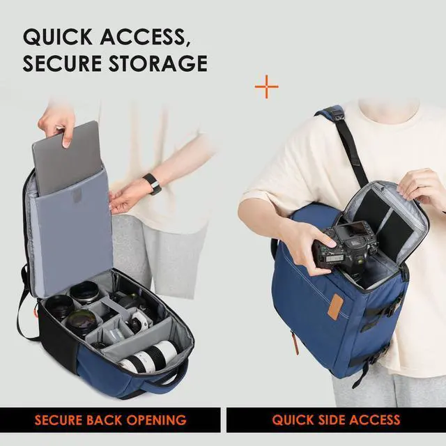Alt view image 5 of 7 - TARION Large Camera Backpacks for Photographers - Waterproof Camera Bag Photography backpack with 15.6" Laptop Compartment Rain Cover Side Access Tripod Holder(TB04 Blue)