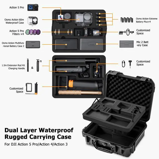Alt view image 2 of 6 - Tomat Action 6/5 Pro Case Waterproof Hard Dual Layer Case For DJI Osmo Action 6/5 Pro/4/3 Accessories Premium Hard Travel Carry Bag Protective, Compatible for MIC 2/Multifunctional Charging Handle