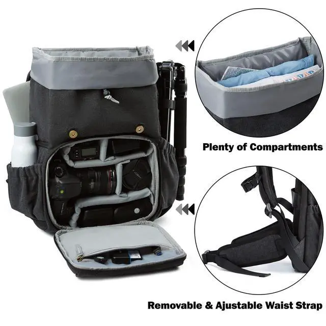 Alt view image 2 of 6 - BAGSMART Camera Backpack, Large DSLR/SLR Waterproof Photography Bag Fit up to 15" Laptop with Tripod Holder, Waist Belt and Rain Cover, Black