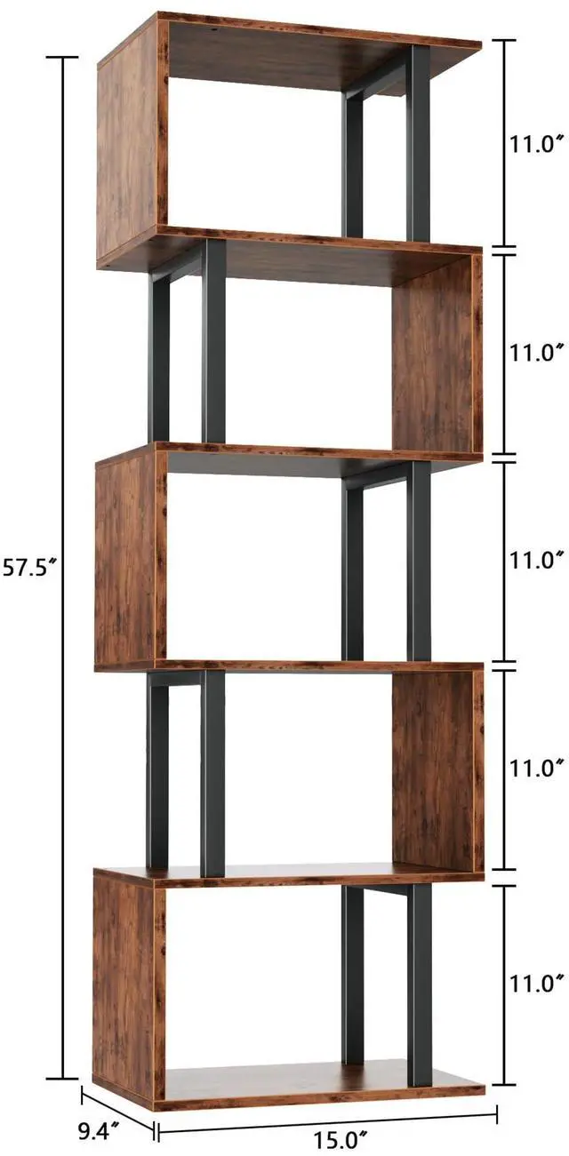 Alt view image 2 of 7 - Furologee 6 Tier Bookshelf, Tall S Shaped Geometric Bookcase, Modern Display Shelf Standing Unit, Wood Metal Decorative Divider Rack for Living Room Bedroom Office, Rustic Brown