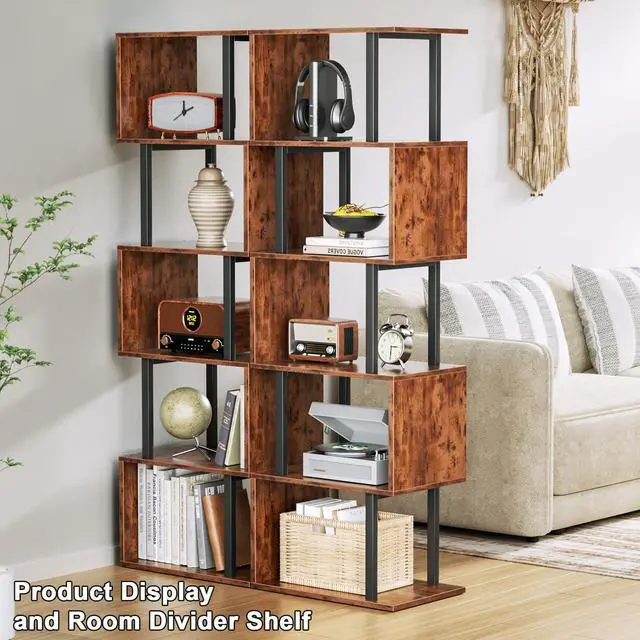 Alt view image 3 of 7 - Furologee 6 Tier Bookshelf, Tall S Shaped Geometric Bookcase, Modern Display Shelf Standing Unit, Wood Metal Decorative Divider Rack for Living Room Bedroom Office, Rustic Brown