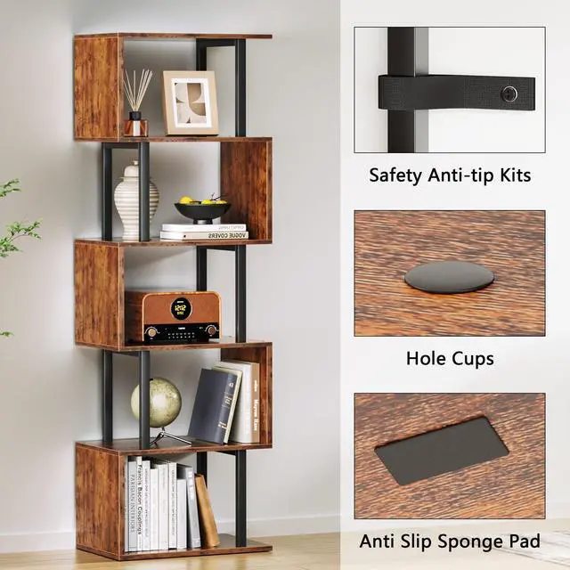 Alt view image 4 of 7 - Furologee 6 Tier Bookshelf, Tall S Shaped Geometric Bookcase, Modern Display Shelf Standing Unit, Wood Metal Decorative Divider Rack for Living Room Bedroom Office, Rustic Brown
