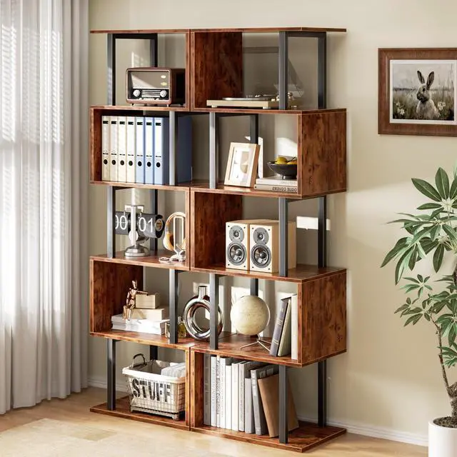 Alt view image 6 of 7 - Furologee 6 Tier Bookshelf, Tall S Shaped Geometric Bookcase, Modern Display Shelf Standing Unit, Wood Metal Decorative Divider Rack for Living Room Bedroom Office, Rustic Brown