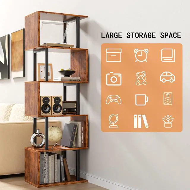 Alt view image 7 of 7 - Furologee 6 Tier Bookshelf, Tall S Shaped Geometric Bookcase, Modern Display Shelf Standing Unit, Wood Metal Decorative Divider Rack for Living Room Bedroom Office, Rustic Brown