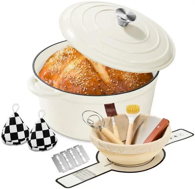 Main image of Blingco Enameled Cast Iron Dutch Oven with Lid -6.5 QT, incl. Sourdough Bread-Baking Supplies like Banneton Proofing Basket, Heavy Duty Cookware Bread-Oven for Baking, Stews, and Roasting, Cream White
