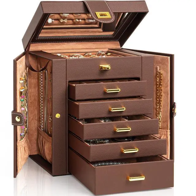 Main image of AKOZLIN Jewelry Box Organizer Functional Leather Jewelry Storage Case for Women Girls Ring Necklace Earring Bracelet Holder Organizer with Mirror Brown