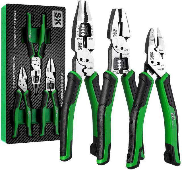 Main image of SK 3-Piece Multi-use Pliers Set, 7-Inch Diagonal Plier, 8-Inch Noodle Nose and Linesman Pliers, CR-V Construction, Anti-slip Handle, with EVA Foam Tool Organizer