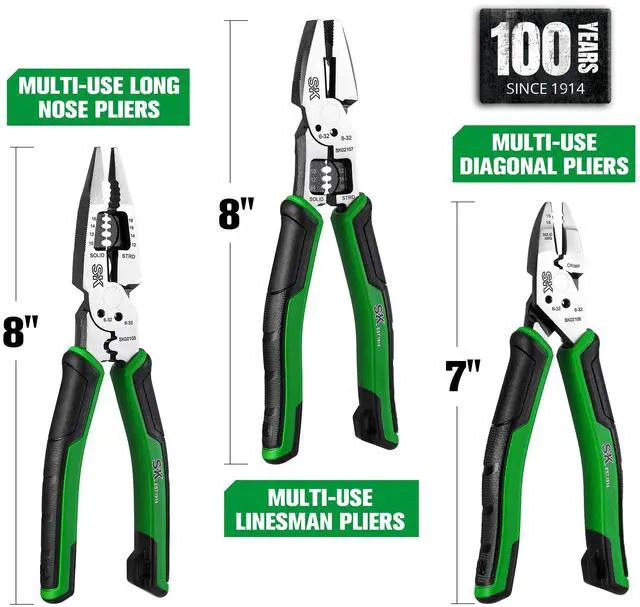 Alt view image 3 of 7 - SK 3-Piece Multi-use Pliers Set, 7-Inch Diagonal Plier, 8-Inch Noodle Nose and Linesman Pliers, CR-V Construction, Anti-slip Handle, with EVA Foam Tool Organizer