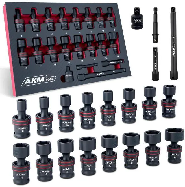 Main image of AKM TOOL 3/8" Drive Universal Impact Socket Set, 20 Piece Swivel Socket Set, Universal Joint Socket 6-Point, Metric, 8-24mm, Cr-Mo,with Extension Bars, Socket Adapter, Drill Bit Adapter