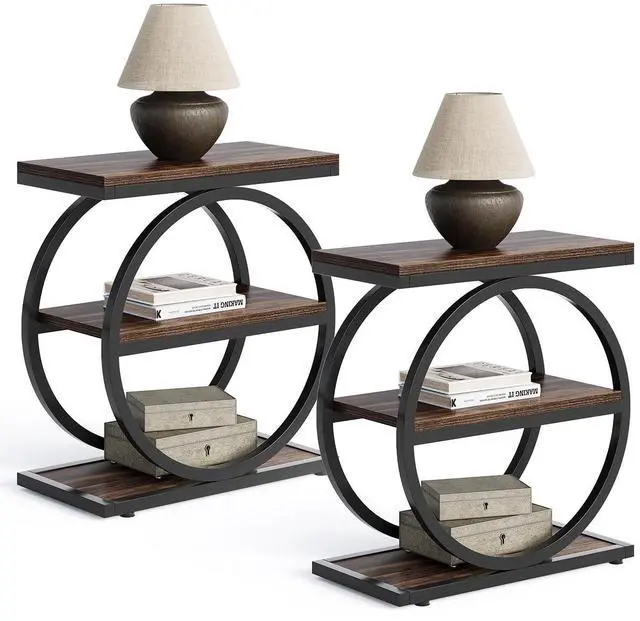 Main image of LITTLE TREE End Table, 3-Tier Side Table, Slim Sofa Side Table for Living Room, Tall Bedside Table Nightstand for Bedroom, Rustic Brown and Black