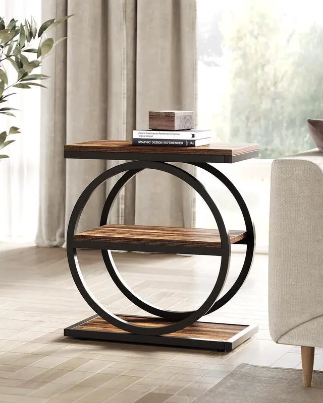Alt view image 3 of 7 - LITTLE TREE End Table, 3-Tier Side Table, Slim Sofa Side Table for Living Room, Tall Bedside Table Nightstand for Bedroom, Rustic Brown and Black