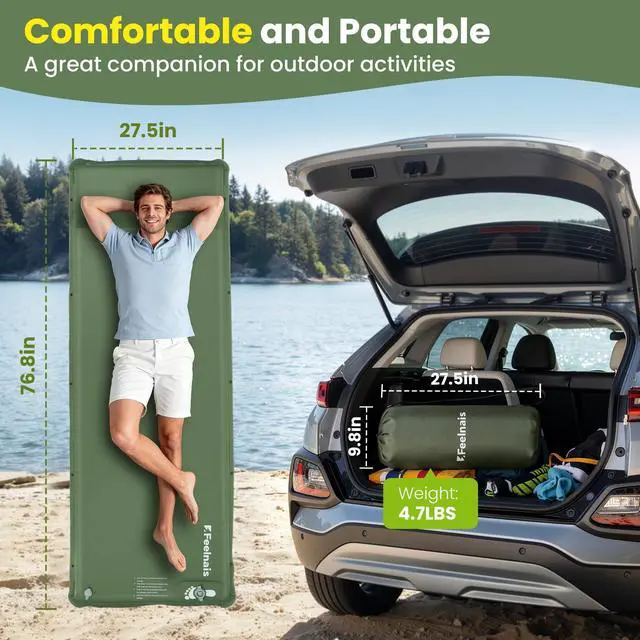 Alt view image 3 of 7 - Feelnais Self Inflating Sleeping Pad, Memory Foam Camping Pad with Foot Pump, Memory Foam Mattress with Pillow, 4 Season Camping Mattress Pad, Camping Essentials Gear for Tent/Car/Camp - Green