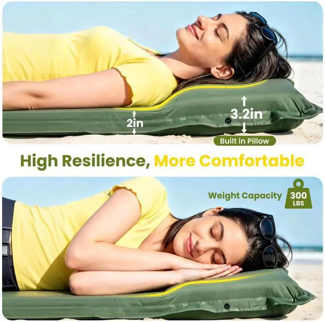 Alt view image 4 of 7 - Feelnais Self Inflating Sleeping Pad, Memory Foam Camping Pad with Foot Pump, Memory Foam Mattress with Pillow, 4 Season Camping Mattress Pad, Camping Essentials Gear for Tent/Car/Camp - Green