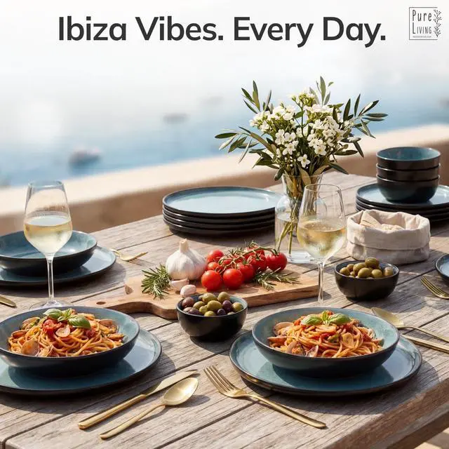 Alt view image 2 of 7 - Stoneware Dinnerware Set for 4, 12 Piece Plates and Bowls Set - Handmade Reactive Glaze, Chip & Scratch Resistant Sets - Dishwasher Microwave Safe, Modern Kitchen Dinner Service in Dark Petrol Blue