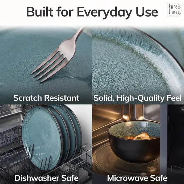 Alt view image 4 of 7 - Stoneware Dinnerware Set for 4, 12 Piece Plates and Bowls Set - Handmade Reactive Glaze, Chip & Scratch Resistant Sets - Dishwasher Microwave Safe, Modern Kitchen Dinner Service in Dark Petrol Blue